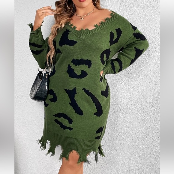 Plus Size V Neck Leopard Pattern Distressed Sweater Dress Without Belt - Picture 16 of 16
